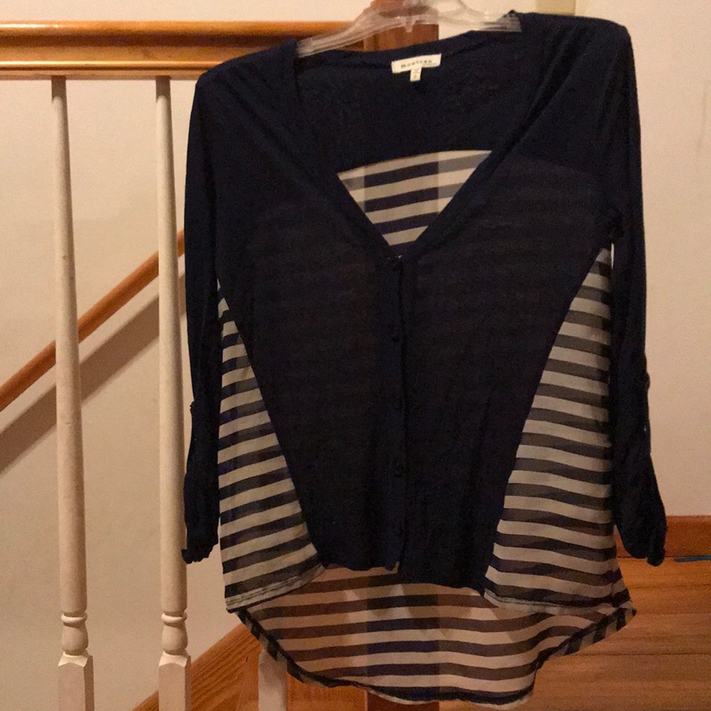 Monteau striped navy top see through sz Small